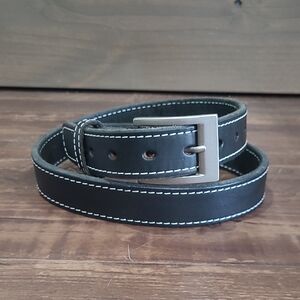 Black Leather Belt with Contrast Stitching Brushed Nickel Buckle M Unisex